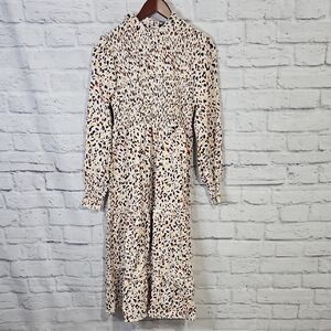 Cream Animal Print Long Sleeve Dress with Mandarin Collar